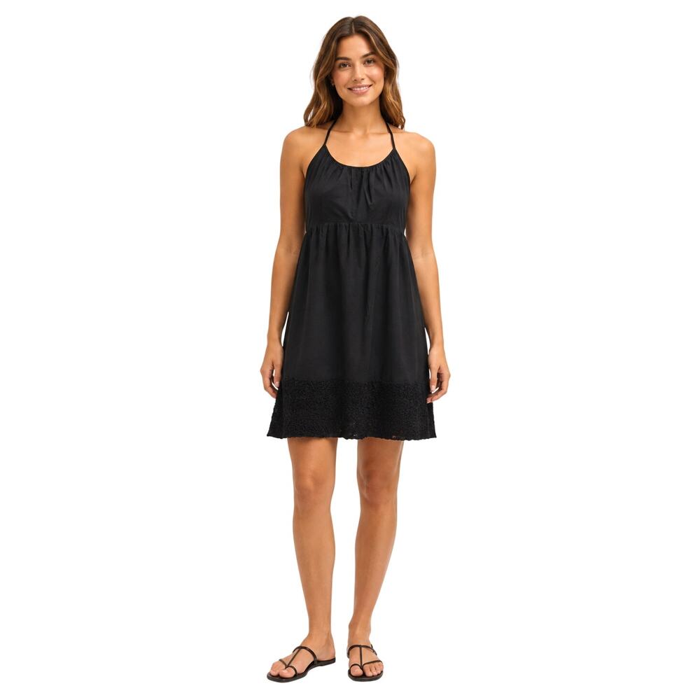 Tree silk lined black halter open back textured dip bottom minimalist dress M
